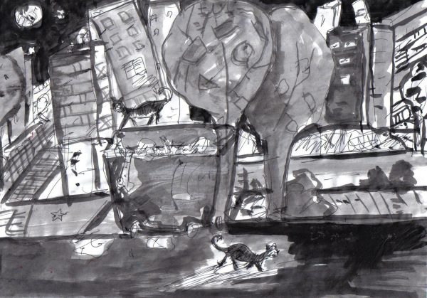 ž. a. r. "ODLAZIM KROZ HLADNU NOĆ. PROMIČUMAČKEISENKENEPZNATIH LJUDI OKO MENE, NOĆJE GUSTA, TVRDA KAO KAMEN, PROZORI SVETLUCAJU IZNAD GRADA, I PO KOJA ZVEZDA SMRZNUTA U BESKONAČNOM ZALEĐENOM SVEMIRU, SVEMIRU, U KOME  KAO U VELIKOM CRNOM KAVEZU, TREPERI TVOJE NEVERNO TVOJE PSEĆE SRCE" 