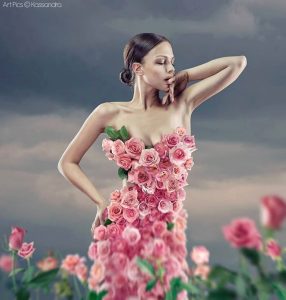 Šampanjac, žena, ruže, haljina