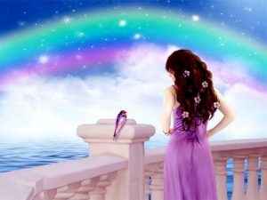Girl-looking-at-Colorful-rainbow-and-bird-HD-wallpaper